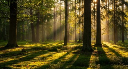 Fototapeta premium Sunlight streams through the trees in a lush forest, creating a beautiful and serene landscape with shadows and beams of light