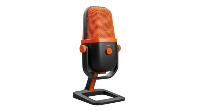 Modern orange and black condenser microphone with stand isolated on transparent background