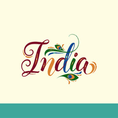 Decorative 'India' lettering with patriotic cultural icons, peacock feathers, and lotus flowers.