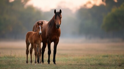 horse with a small foal in a field on a farm