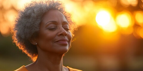 Happy senior Black woman breathing fresh air outdoors in nature. The mature African American woman practices wellness meditation and deep breathing in the sunsets golden hour, Generative AI
