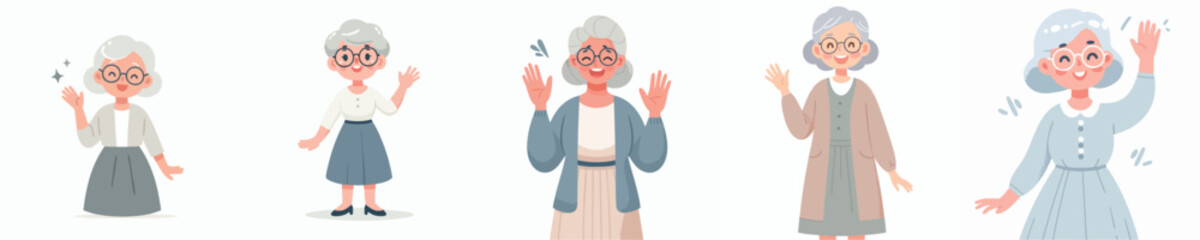 Happy Elderly Women Waving – Modern Flat Grandma Vector Character Set