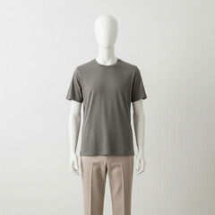 male mannequin in grey shit and brown dress 