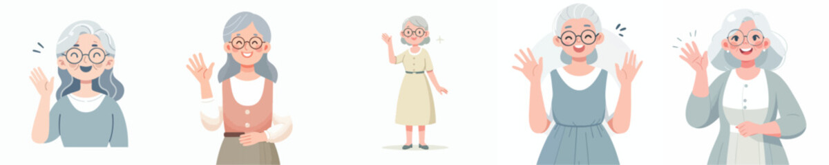 Happy Grandmother Characters Waving – Cartoon Vector Illustration Set