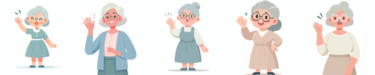 Senior Women Characters Waving – Flat Style Grandma Vector Illustration Set