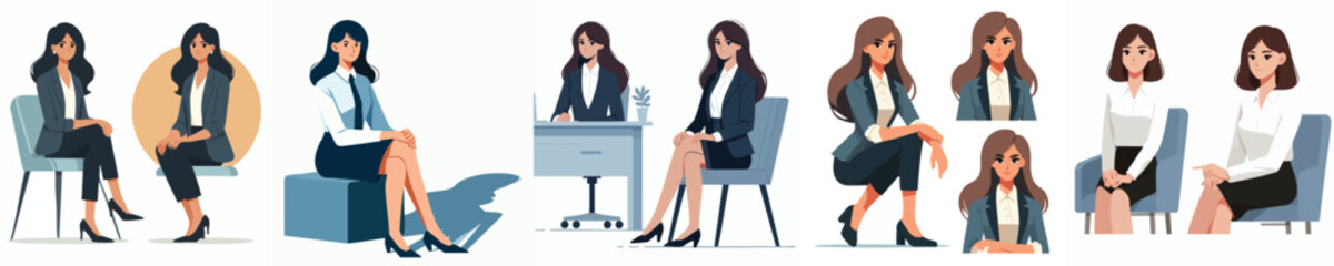 Professional Woman Sitting Pose – Confident Female Character Vector Illustration Set