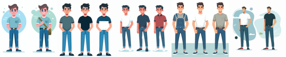 Male Character Set – Casual Young Men Standing in Various Poses – Vector Illustration