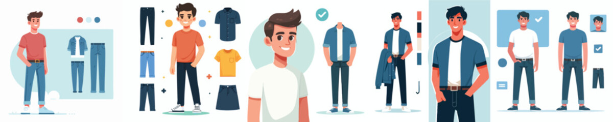 Casual Male Character with Outfit Creator – Mix and Match Clothing Elements – Vector Set