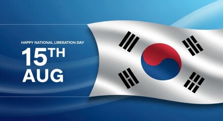 A korean flag with happy national liberation day august fifteenth text on a blue gradient background