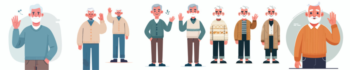 Elderly Man Character Set – Grandpa in Sweaters and Cardigans – Waving Pose Vector