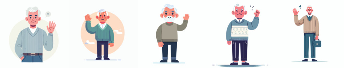 Elderly Man Characters Waving – Senior Male Vector Illustration Pack