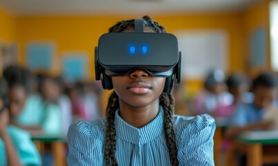 Black woman with a VR headset using AI artificial intelligence technology and machine learning in a school classroom. The image showcases the integration of innovative smart, Generative AI