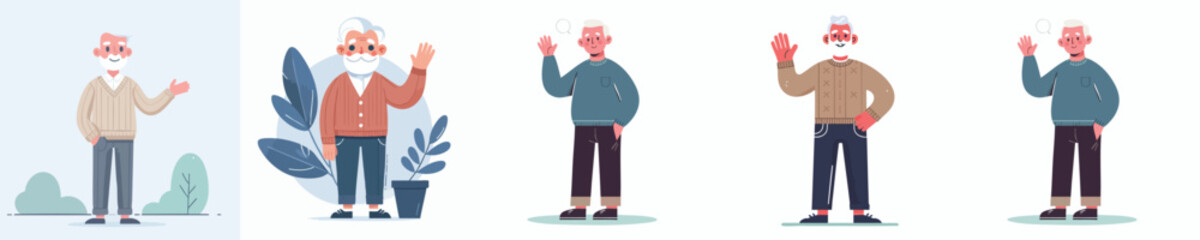 Grandfather Characters Waving – Senior Man Vector Illustration Set