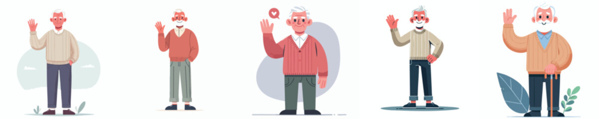 Smiling Elderly Men Waving – Grandpa Character Set – Vector Flat Illustration