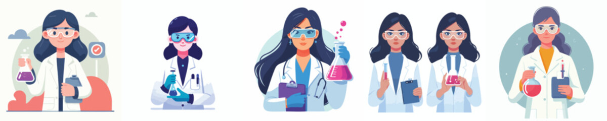 Female Scientists in Laboratory – Vector Illustration Set