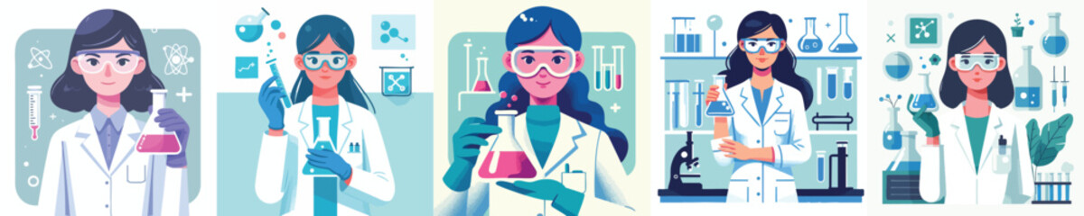 Female Scientists with Lab Equipment – Vector Cartoon Characters in Research Laboratory