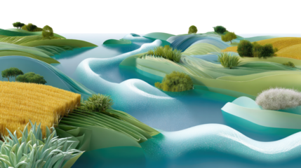 Abstract Landscape of Serenity: An ethereal, digitally rendered landscape unfolds, showcasing rolling hills and tranquil waters, inviting a sense of peace and abstract beauty.