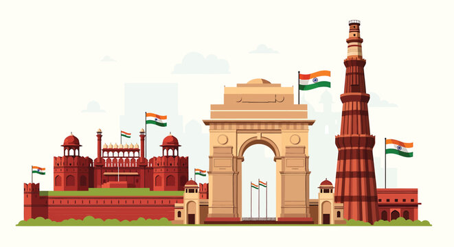 Famous landmarks of Delhi, India. Vector illustration of the city's iconic architecture and monuments.