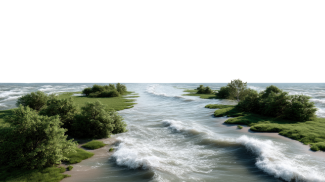 Coastal Harmony: A panoramic view of a tranquil coastal landscape where gentle waves meet the vibrant green of the shoreline, under an expansive sky, fostering a sense of peace.