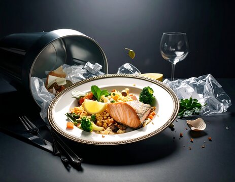 A plated salmon dish sits near an overturned trash can, surrounded by food scraps and plastic waste