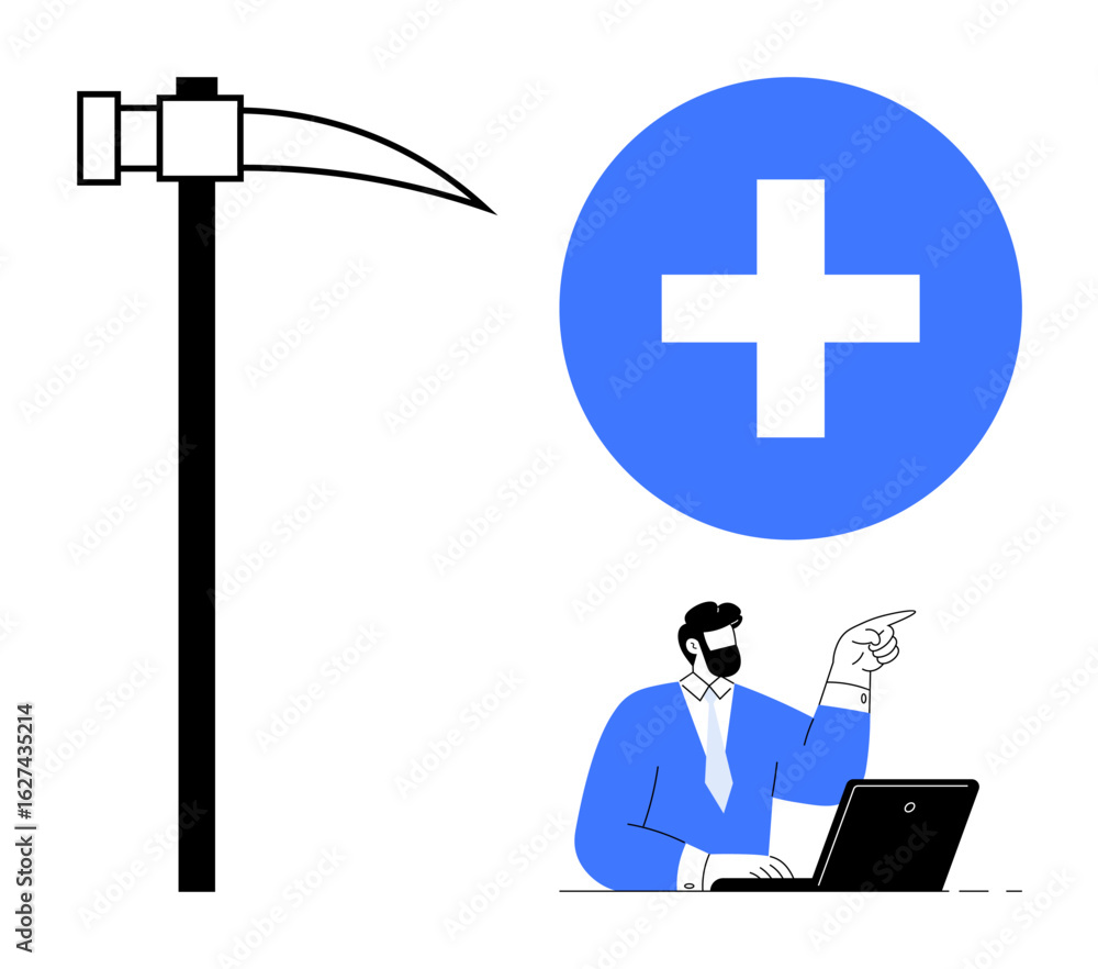 Poster businessman pointing while using a laptop, pickaxe symbolizing effort, and a blue cross denoting pos
