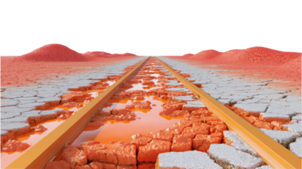 Railroad Through the Cracked Earth: A symbolic scene depicts a railroad track cutting through a cracked and eroded landscape, with puddles of red liquid symbolizing challenges and the passage of time.