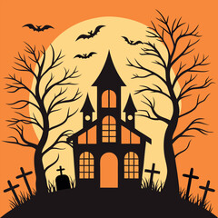Spooky black mansion stands amidst silhouetted trees, graves, and bats under pale moonlight