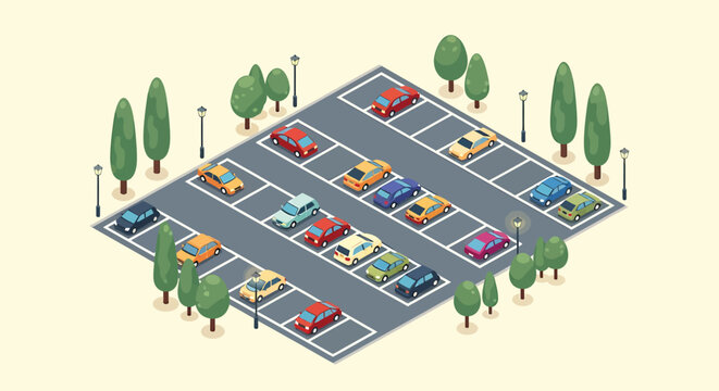 Isometric vector illustration of a city parking lot with colorful cars, trees, and street lamps.