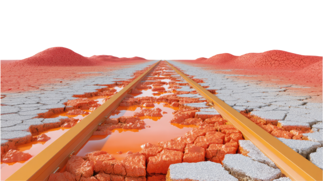 Railroad Through the Cracked Earth: A symbolic scene depicts a railroad track cutting through a cracked and eroded landscape, with puddles of red liquid symbolizing challenges and the passage of time.