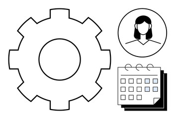 Gear for process, woman avatar for userprofile, calendar for planning. Ideal for management, workflow, scheduling, teamwork, HR operations productivity. Represents simple flat metaphor