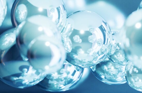 Abstract science background of transparent spheres, 3D rendering of molecules like hyaluronic acid or collagen for cosmetic and skincare concepts.