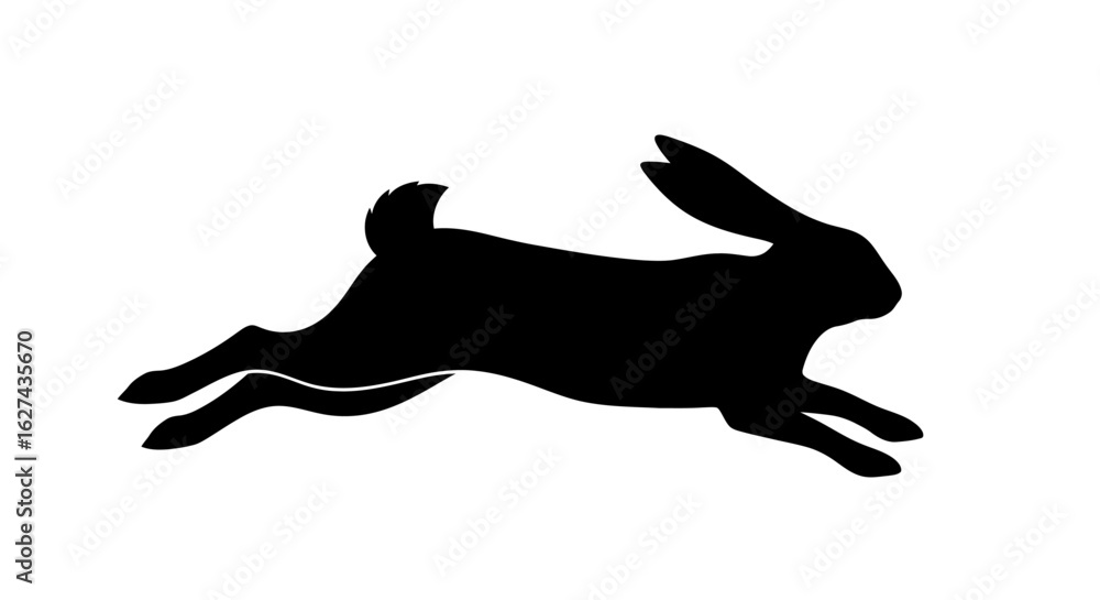 Poster side profile of a black silhouette hare in motion, isolated on transparent background: a dynamic vec