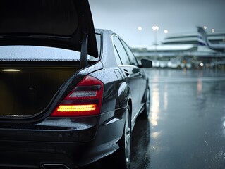 black sedan with open trunk waiting for pickup in airport rain
