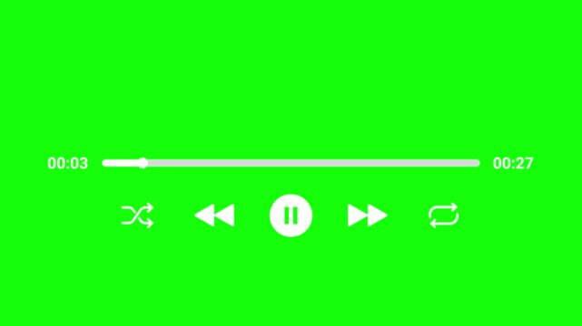 30 seconds minimal music player UI animation with a green screen and sleek white controls. The layout showcases a central pause button, shuffle and repeat icons, and a smooth horizontal progress bar.