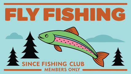 Vintage fly fishing club illustration trout river