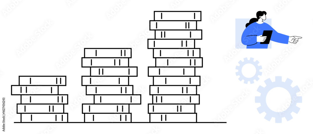 Poster stacked bars illustrating progressive growth and efficiency with a professional pointing towards sol