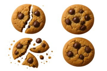 Delicious chocolate chip cookies whole and broken showing texture and crumbs against a black background