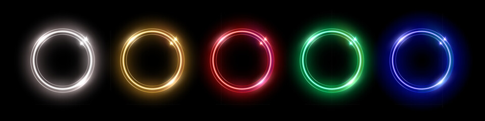 Neon color round frames. Abstract colorful glow light circles. Laser bright round shapes. Futuristic illuminated buttons. Geometric graphic vector set isolated on black background.