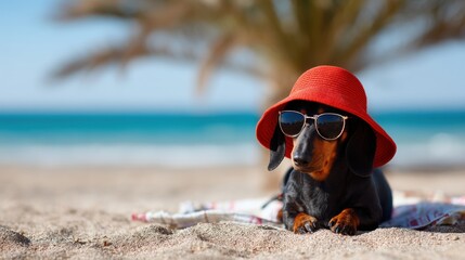 Obraz premium dachshund dog in a red hat on a city street