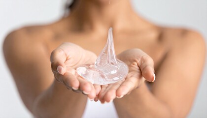 Close-up of hands interacting with clear, stringy gel substance—one hand pulling the semi-viscous material from the other, creating thin strands