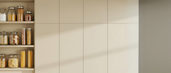 Neatly arranged pantry shelves display an assortment of grains, snacks, and kitchen essentials under warm sunlight in a modern kitchen.