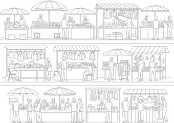 Detailed line drawing depicting a bustling outdoor market scene with numerous stalls and shoppers engaged in commerce