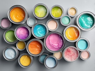 Colorful paint cans arranged in a design