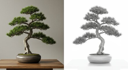 Twisted Pine Bonsai: A Comparative Study in Full Color and High-Key Monochrome