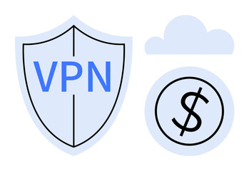 Shield labeled VPN alongside a cloud icon and a dollar symbol, representing security, data protection, cloud services, and cost efficiency. Ideal for cybersecurity, cloud computing, cost-saving