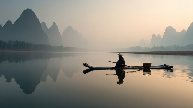 a man on a boat sails along a river among the mountains in china