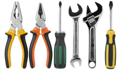 Essential tools for any project, pliers, wrenches and screwdrivers ready for action isolated on transparent background