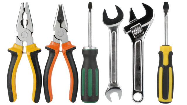 Essential tools for any project, pliers, wrenches and screwdrivers ready for action isolated on transparent background