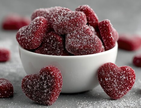 Heart-shaped, sugared red jelly candies in a white bowl - Powered by Adobe