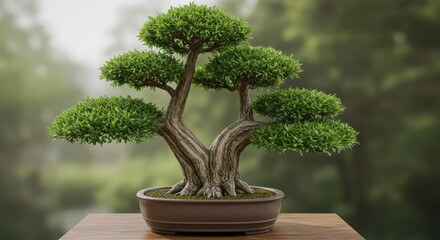 Harmonious Twin-Trunk Bonsai Tree with Lush, Sculpted Canopies on a Wooden Table